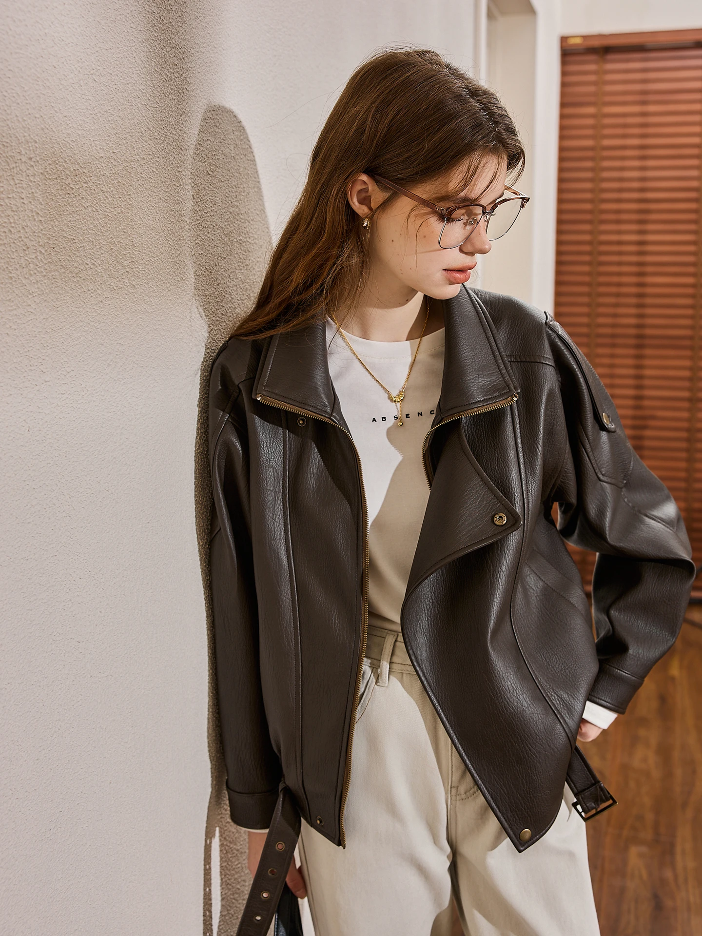 Barnes Style PU Leather Biker Jacket Coffee Color Stand Collar Women's Coat Autumn New Small Size Motorcycle Jacket Coat