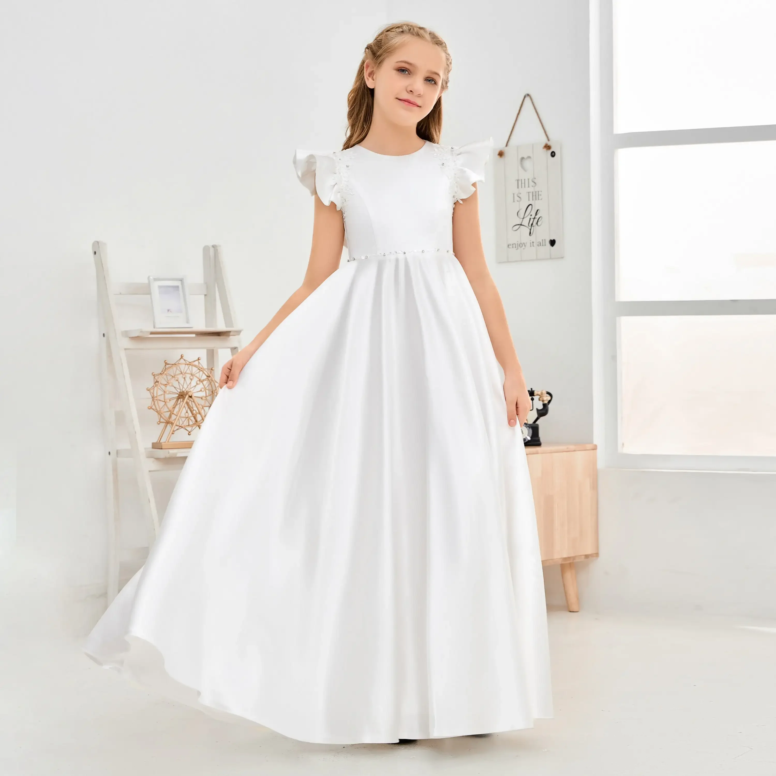 Robe de demoiselle d'honneur en satin pour bébés filles, robe de Rhde princesse, robe de soirée de mariage, robe de première communion, cadeau d'anniversaire élégant