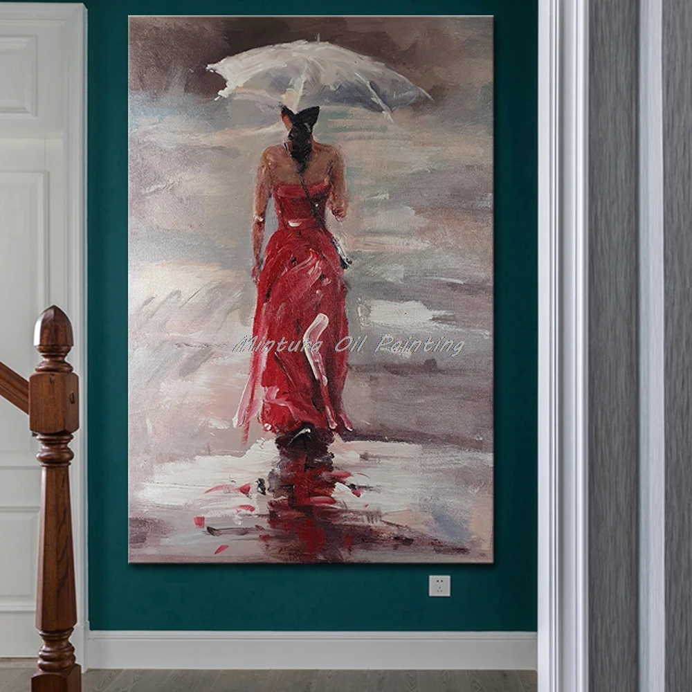 Mintura,Wall Picture for Living Room Oil Painting on Canvas,Handpainted Red dress Girl Raining Home Decoration Wall Art No Frame