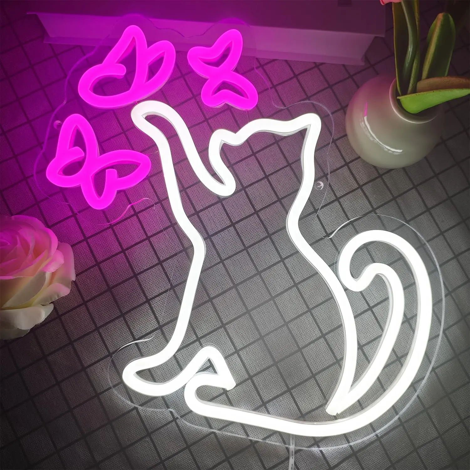 Cat Butterfly Neon Sign LED Dimmable Neon Lights for Pet Shop Children Bedroom Home Livingroom Art Decor Birthday Christmas Gift