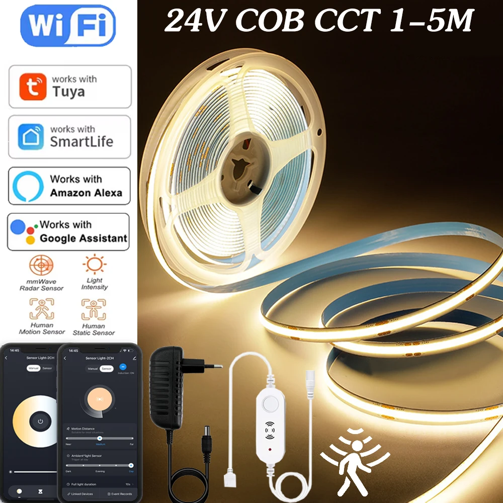 Tuya WiFi DC24v COB Double Color LED Strip Light Kit 1M-5M CCT Smart Dimming PIR Microwave /Sensing Controller for Alexa Google
