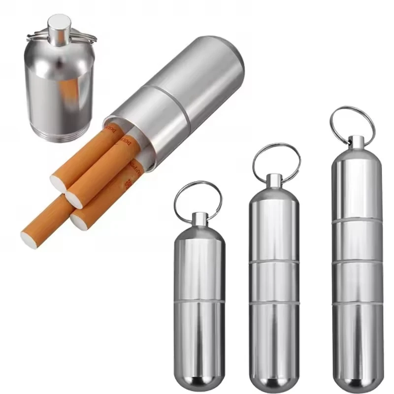 1/3pcs Waterproof Cigarete Case Silver Aluminum Alloy Cigarette Box Pill Toothpick Capsule Holder with Keychain Mens Gift