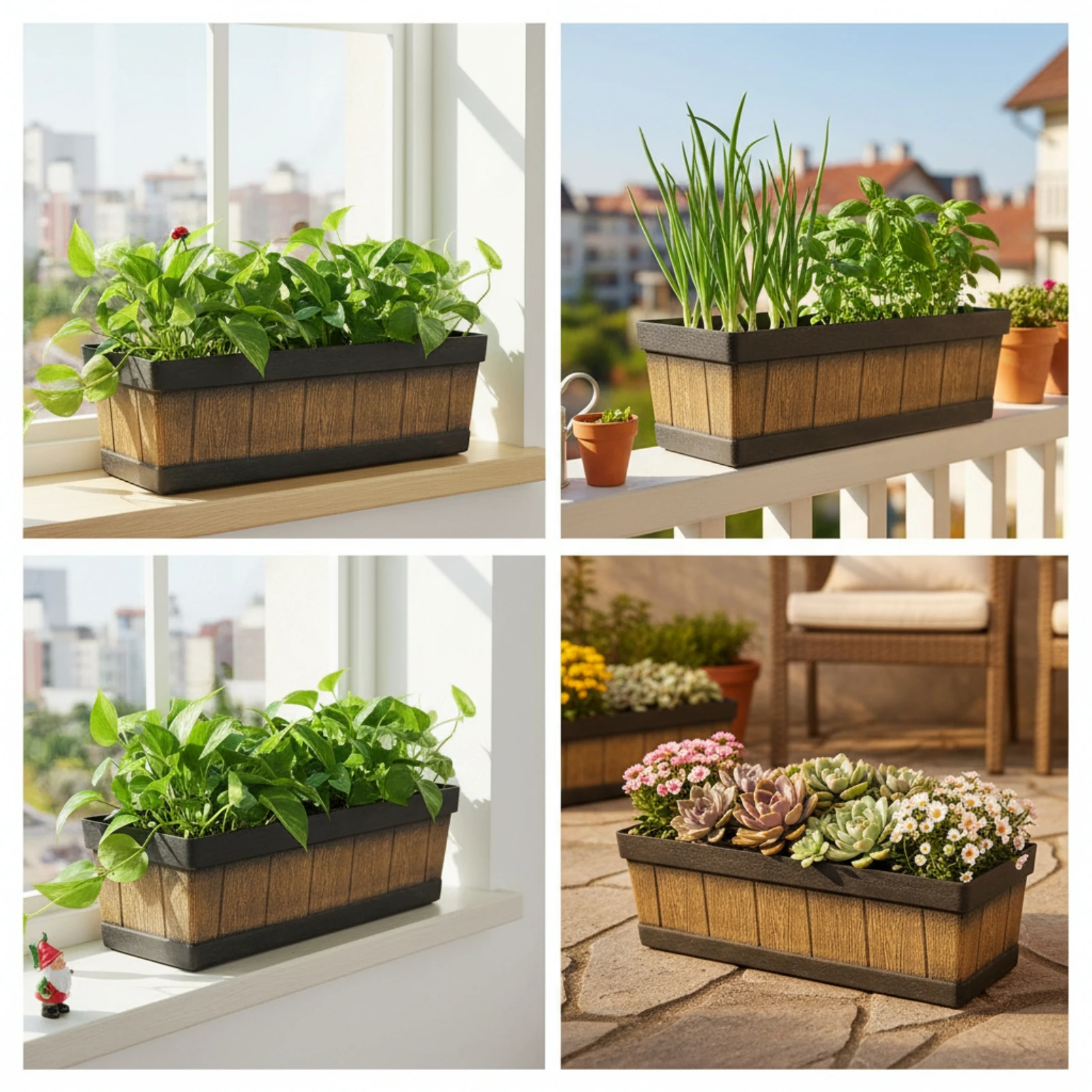 Planter with Faux Wood Grain Narrow Rectangular Planter Flower Box Rustic Decorative for Gardeners, Windowsill, Balcony