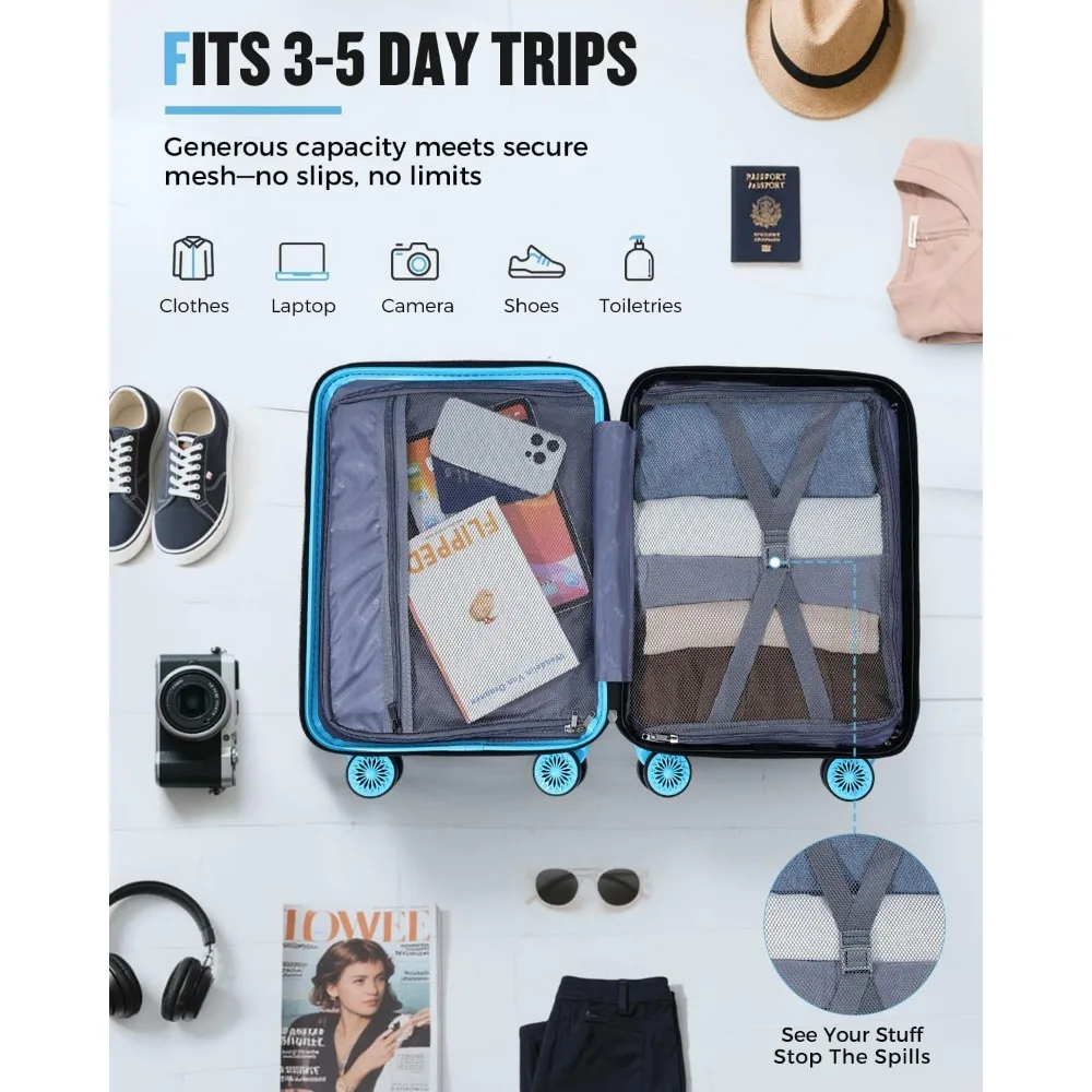 مجموعة أمتعة حمل ذات هيكل صلب معتمدة من شركة الطيران مقاس 20 بوصة مع عجلات، وأبعاد 22 × 14 × 9، بما في ذلك حقيبة مستحضرات التجميل، وبدلة السفر