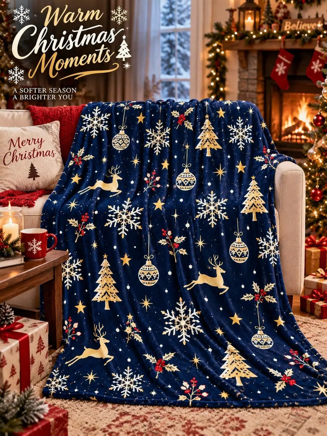 Christmas Flannel Blankets & Throws Reindeer Snowflake Ornament Tree Star Holly Winter Home Decor Sofa Couch Bed Living Room Bedroom Reading Nap Lounge Office Indoor Gift for Family Friends Anniversary Housewarming Seasonal Holiday Party Apartment