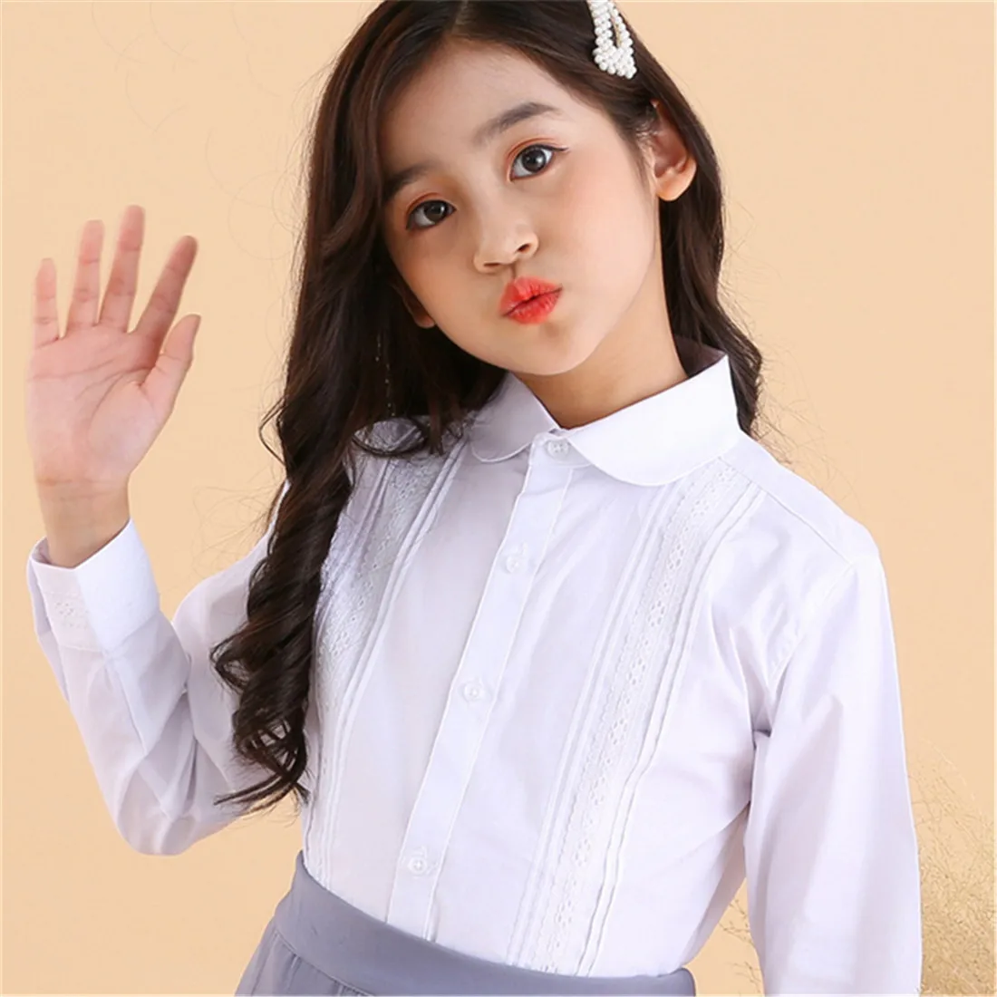 أطفال بنات قمصان بيضاء للطلاب موحدة طويلة الأكمام بلوزة قطن المراهقين مدرسة ملابس الطفل 8 10 12 14 سنة Vestidos