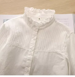 100% Cotton white shirts and blouses for women summer Japanese style stand collar pleated patchwork shirts ladies tops