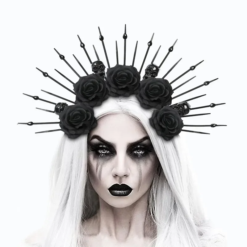 Gothic Black Halo Skeleton ดอกไม้ Sunburst Spike Headpiece สําหรับผู้หญิงฮาโลวีน Queen อุปกรณ์เสริมผมปาร์ตี้คอสเพลย์