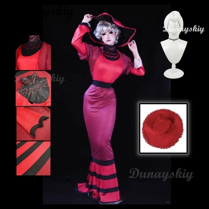 روزي كوسبلاي أنيمي هازبينزين زي شعر مستعار فندق كوس فستان أحمر زي موحد لعب الأدوار حفلة الهالوين مجموعة كاملة للنساء البالغات