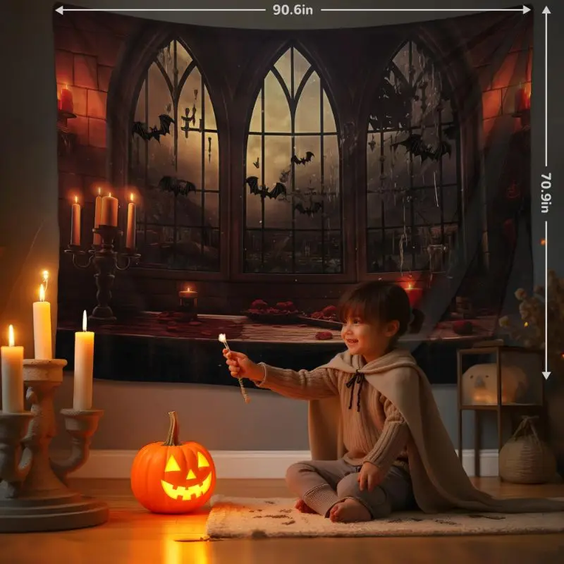 VIKAMA Halloween Gothic Castle Tapestry, Dark Horror Bat Candlelight Wall Hanging, Aesthetic Bedroom Party Decor