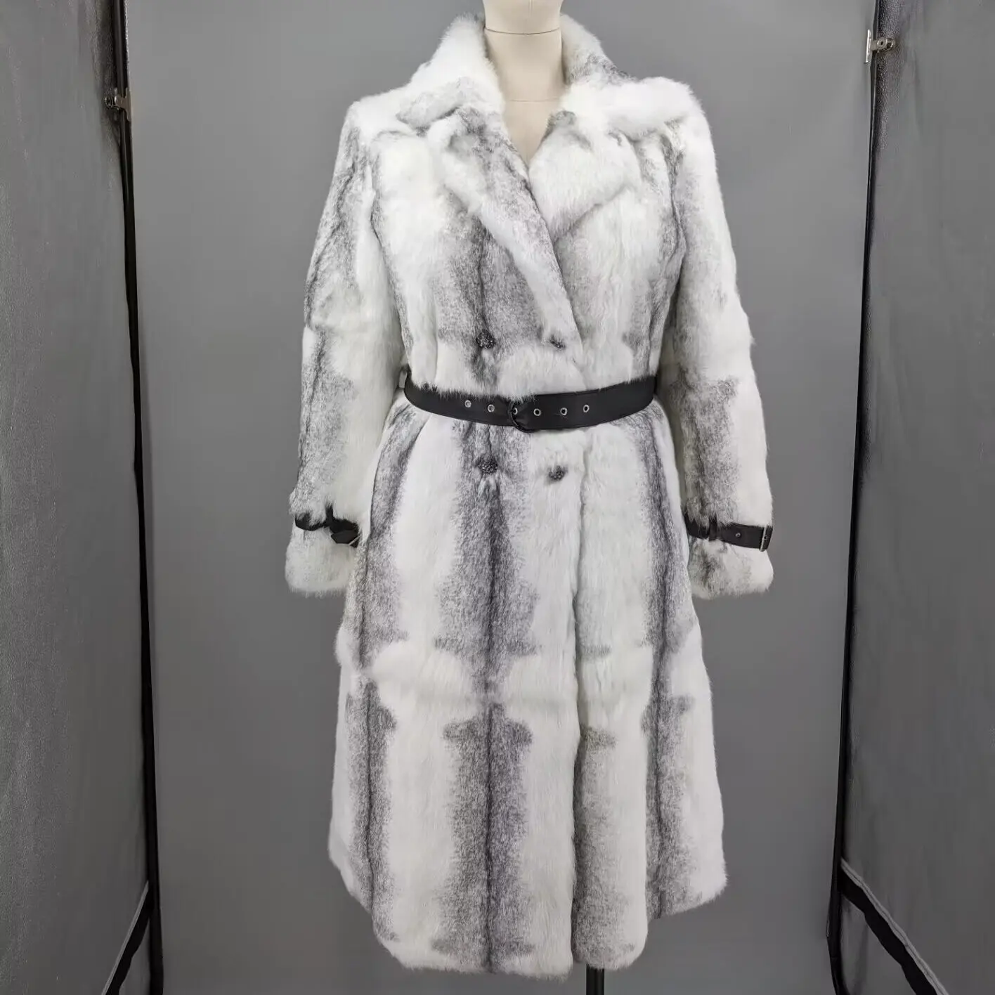 Women White Cross Pattern Real Whole Rabbit Fur Long Coat Notch Lapel Double Breasted Belted Luxury Winter Fur Outerwear 240607