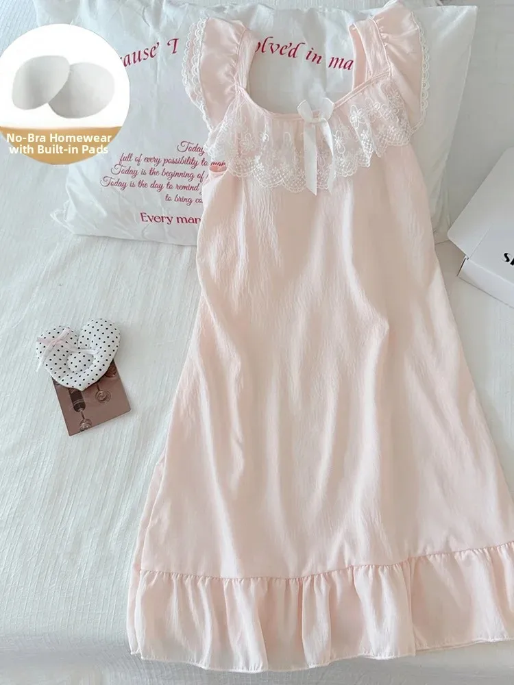 Summer Cloud Cotton Sleeveless Sleep Dress with Chest Pad Princess Style Sweet  Fairy Lace Home Clothes for Young Women