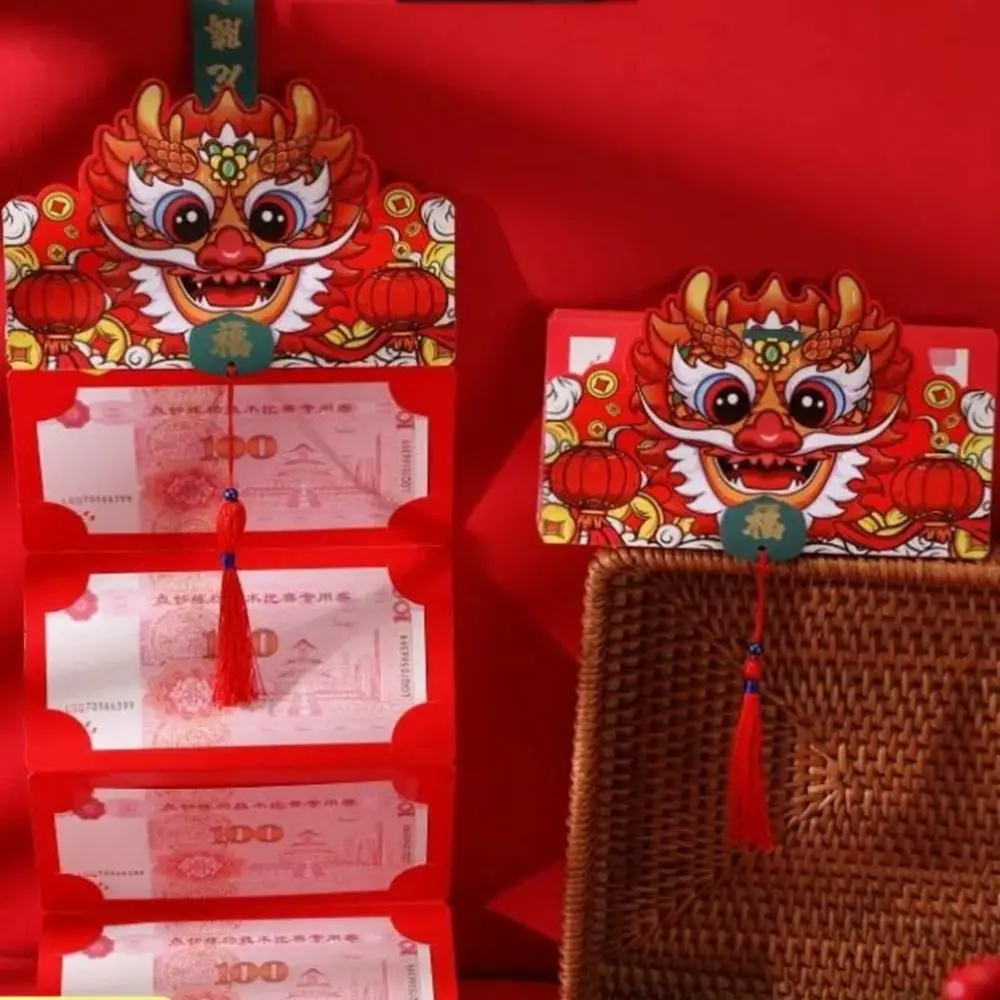 

Красный конверт с горячим тиснением 2024, складной, с мультяшным рисунком, с кисточками, на Год Дракона, утолщенный, праздничный, на удачу