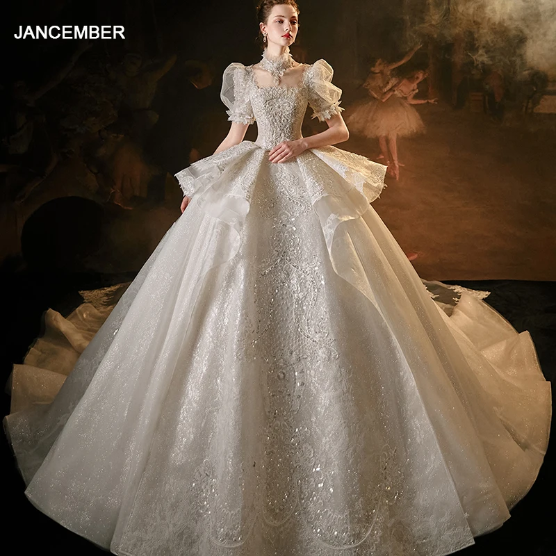 

Jancember Elegant Flash Sale Wedding Dresses Sequins Square Collar Short Sleeves Backless Ruffles Illusion LSMX025 Robe Mariage