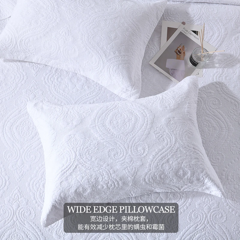 2pcs 100% Cotton Quilted Pillowcase White Embroidery Bedding Solid Color Wide Edge Pillow Cover Thickened Decorate Pillow Case