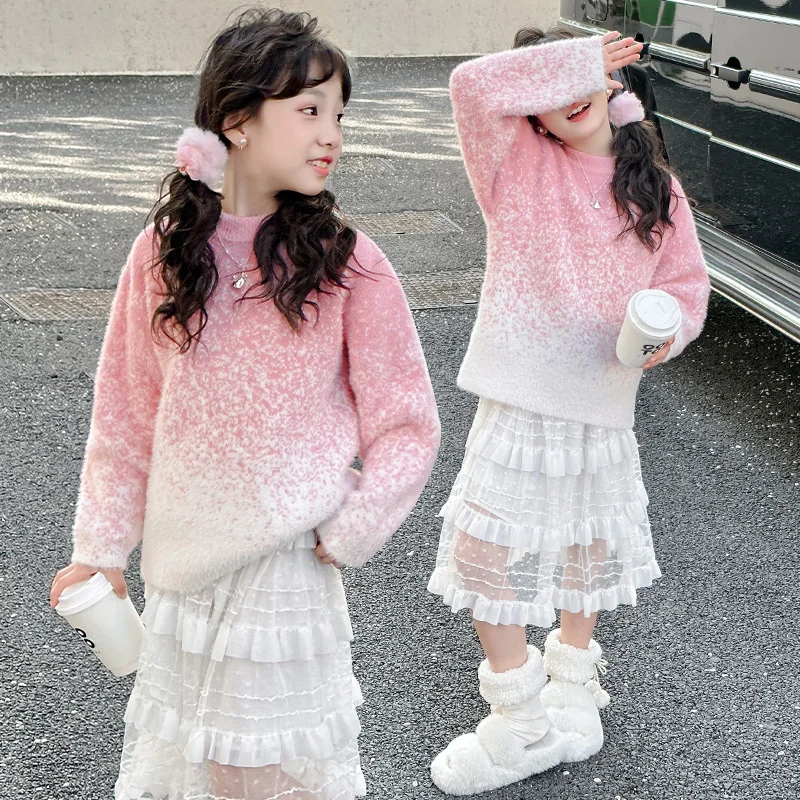 Sweet Girl Starry Sky Sweater Children Clothes Girl Pullover Outerwear For Teenage Kids Pink Gradient Knit Sweater Knitwear 5-14