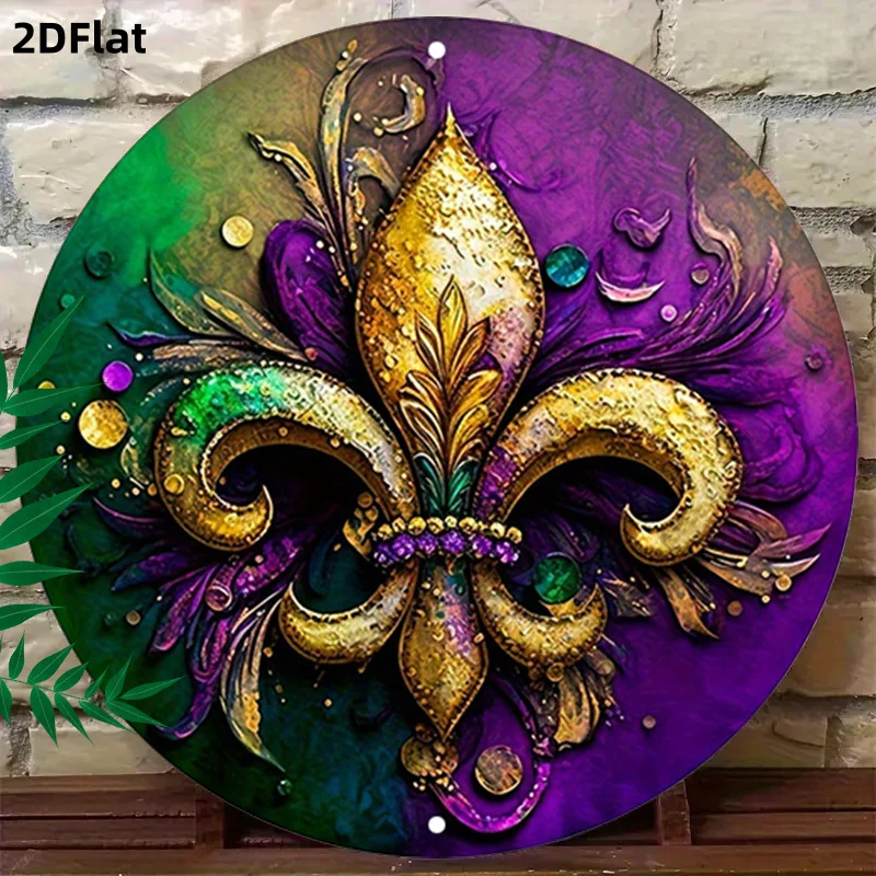 2D Flat, 1pc Retro Mardi Gras Fleur-de-Lis Round Wall Sign - Purple Golden Ornate Swirl Decorative Plaque Suitable for Home, Off