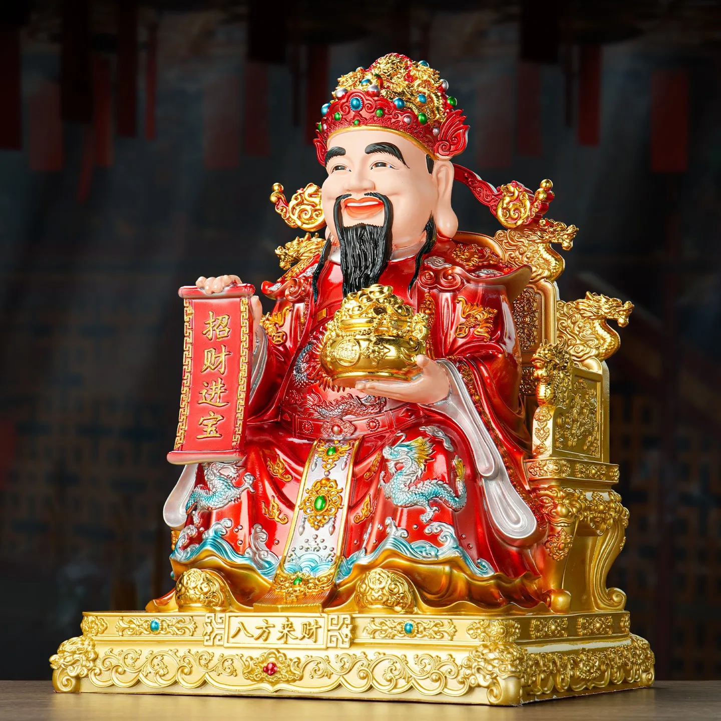 YFY God of Wealth ornament Bafanglai shop is used to worship the god of wealth with family text and god of wealth painted statue