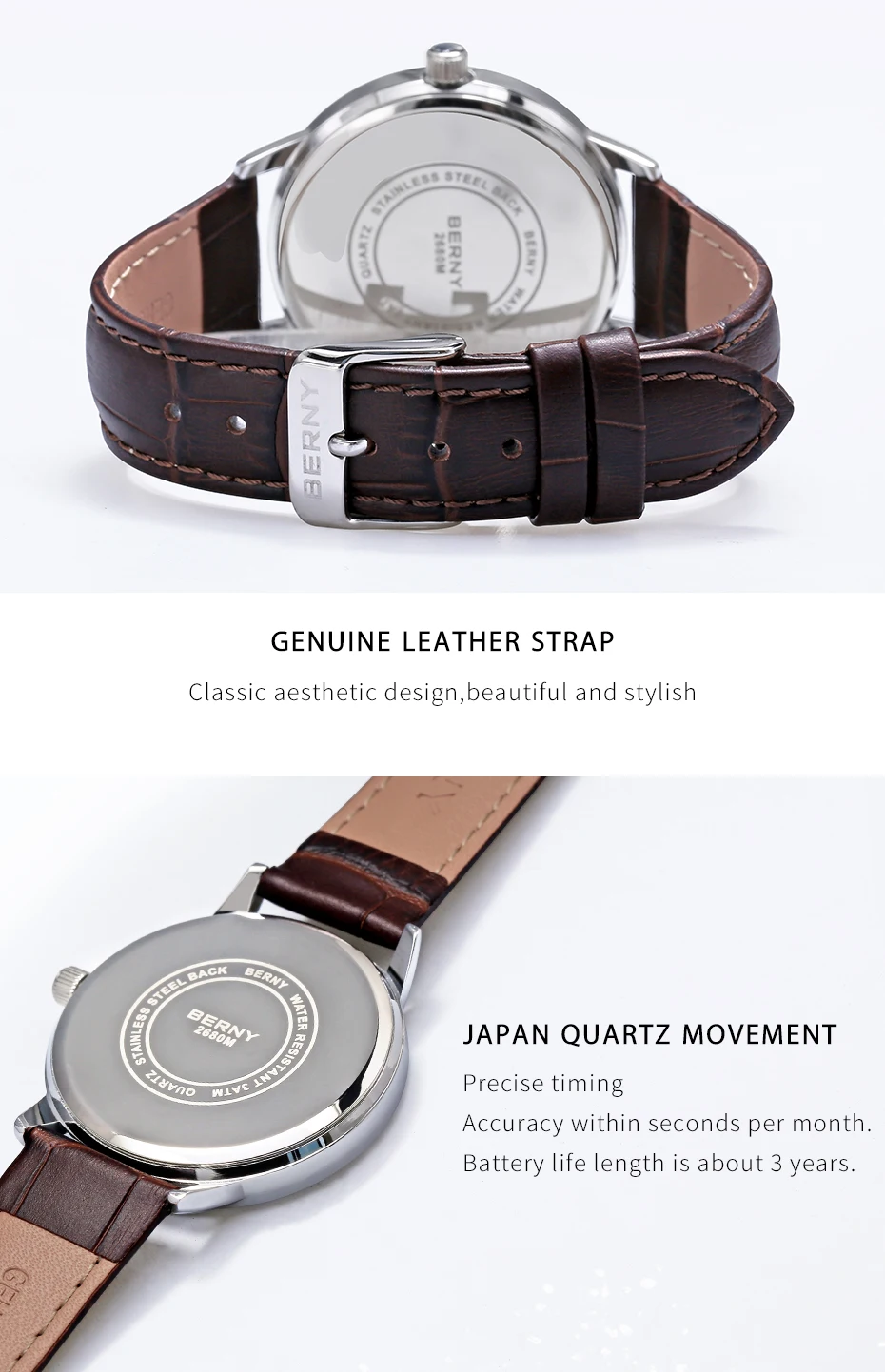 BERNY Uhren für Herren, schlanke, lässige, modische Quarz-Armbanduhren, Herrenuhr, klassisch, minimalistisch, wasserdicht – Detail 2