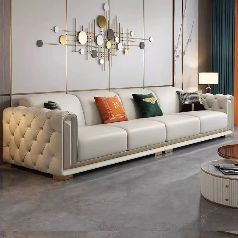 Pull-up leather sofa simple European living room sofa large villa high-end luxury straight row combination