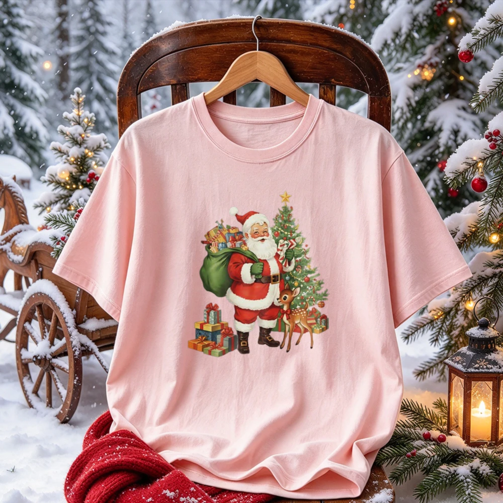 Vintage Santa Claus Reindeer Christmas Tree Gift Bag Graphic T Shirt Retro Xmas Present Print Tee Holiday Casual Cotton Top Gift
