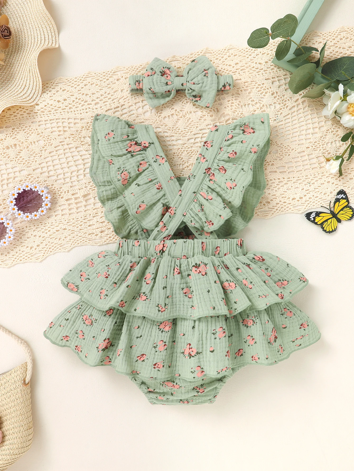 2pcs Baby Girls Summer Floral Sleeveless Double Layer Ruffle Skirt Bodysuit & Bow Headband