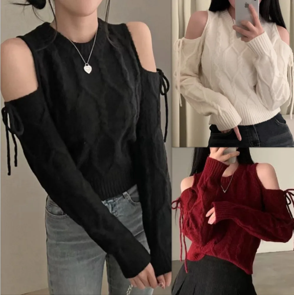 

Retro Hollow Out Knitted Sweater Off Shoulder Strap Loose Long Sleeve Pullover Jumper