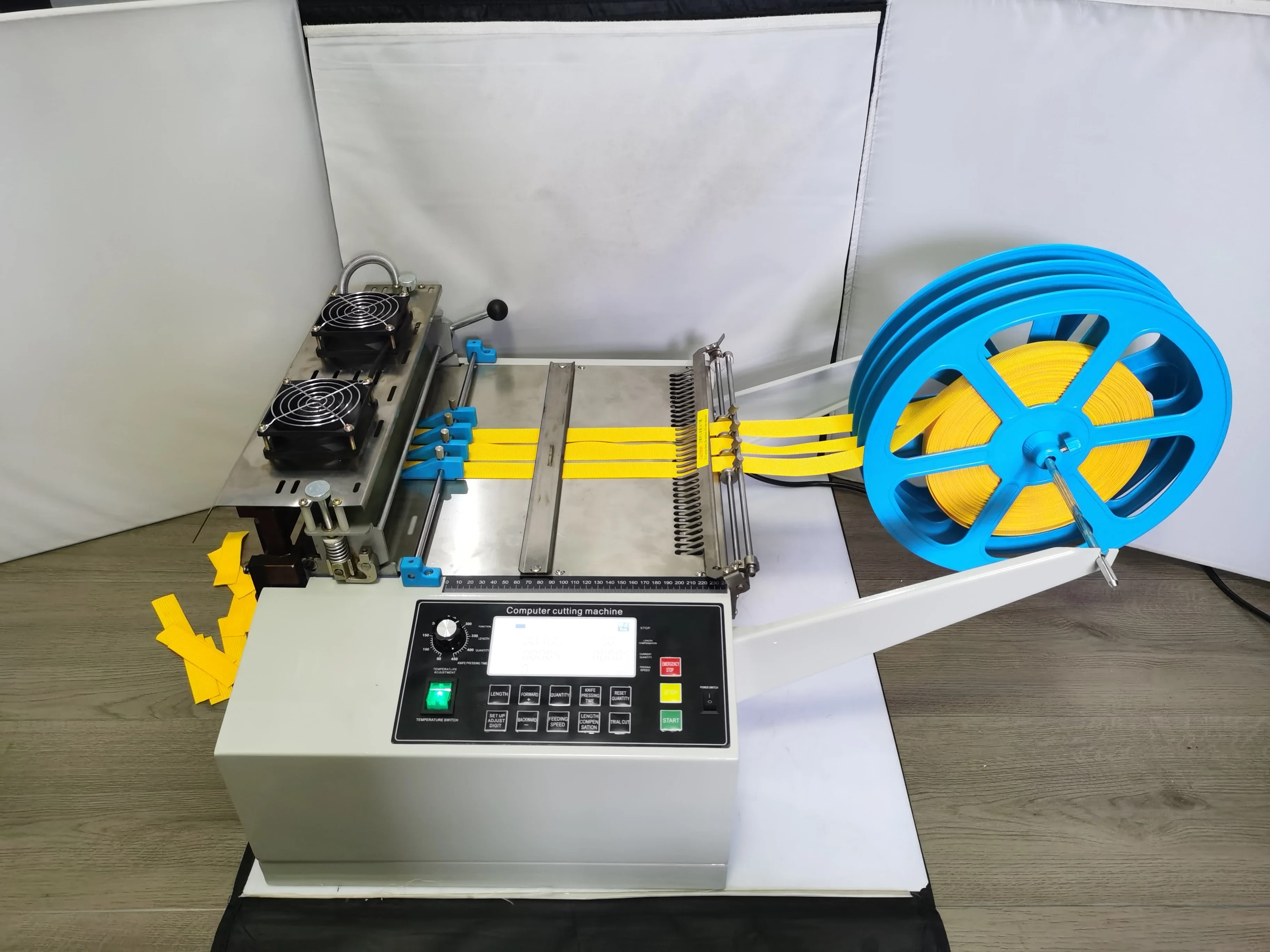 

320T computer automatic cold and hot Cloth belt cutting machine, magic adhesive tape zipper webbing elastic belt cutter