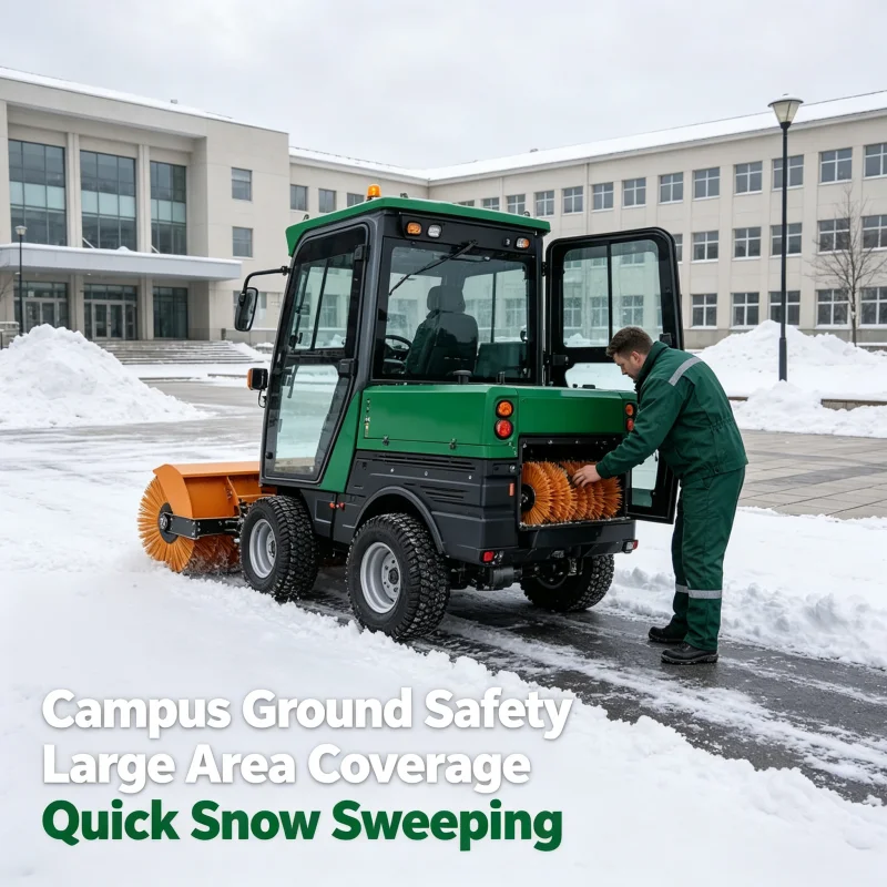 Cabin Ride On Snow Sweeper Machine With Hydraulic Rotary Brush For Factory Roads Industrial Parks And Snow Clearing