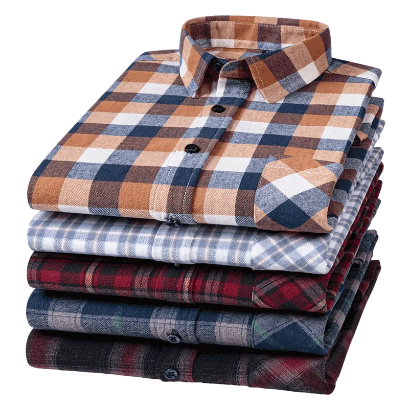 6XL Autumn Flannel Shirt Plaid Shirts Standard-Fit For Men Long Sleeve Pure Cotton Fashion Single Patch Pocket Young Design