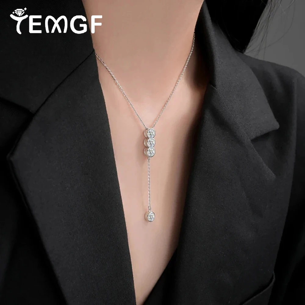 

TEMGF S925 Silver Tassels Necklace 3mm/5mm Moissanite Inlay Pendant for Women Fashion Elegant Fine Jewelry Birthday Gifts
