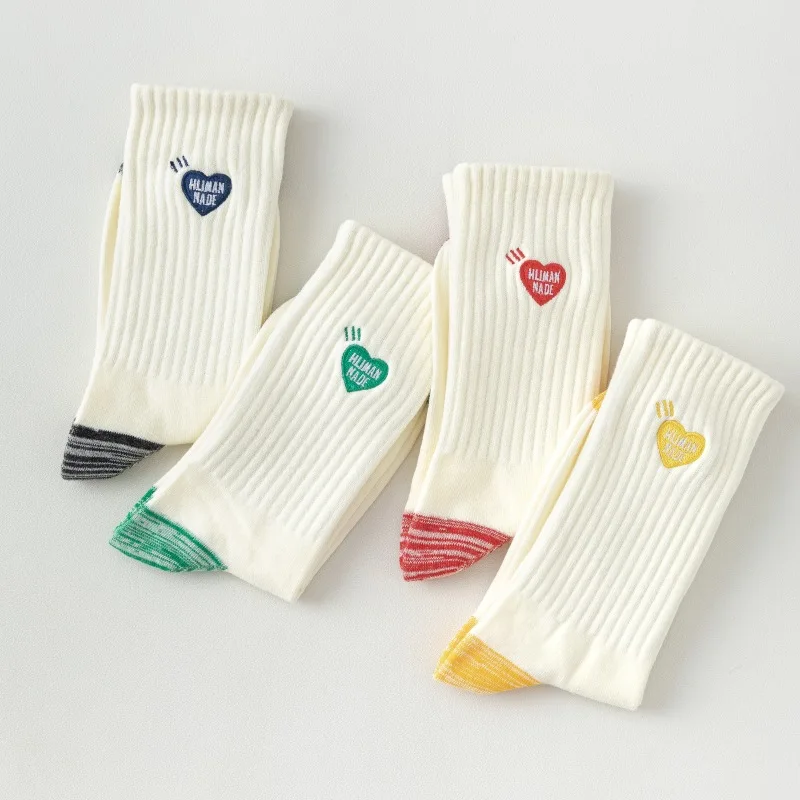 4 pairs of embroidered love colored cotton socks women sweat absorbing casual simple comfortable mid length sports socks