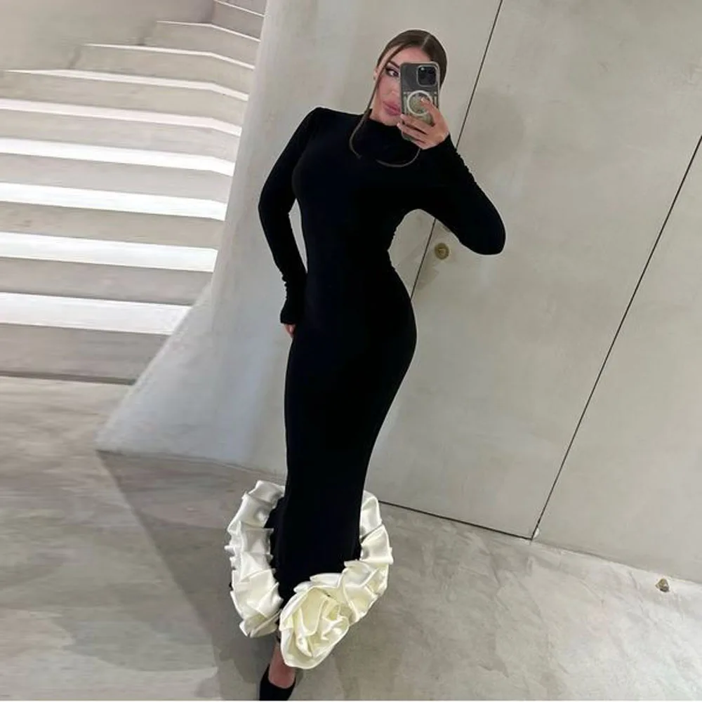 Elegant High Stretchy Long Women Dresses With Handmade Flower Bottom Muslim High Collar Full Sleeves Modest Formal Dress