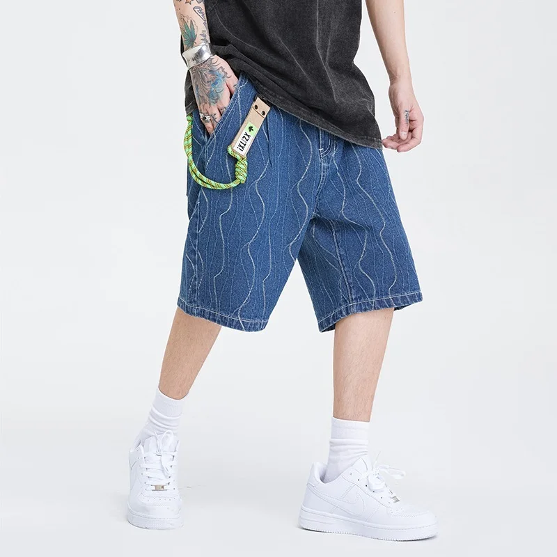 

vintage retro washed denim shorts men's tide brand ins street loose hip-hop tooling five points medium pants large size shorts