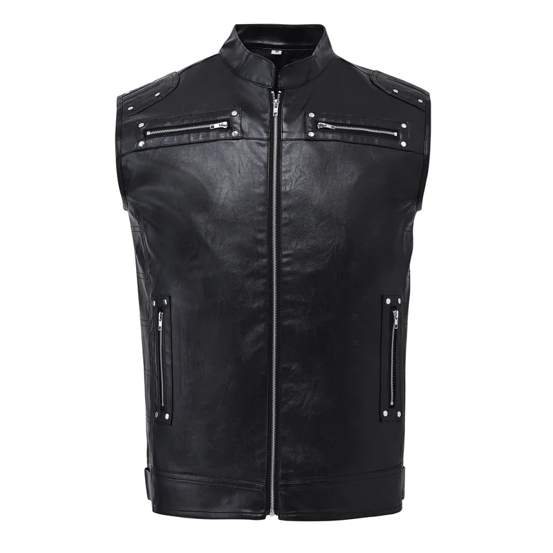 Men's Faux Leather Biker Vest Fashion Solid Color Motorcycle Rider Waistcoat PU Sleeveless Leather Jacket For Male