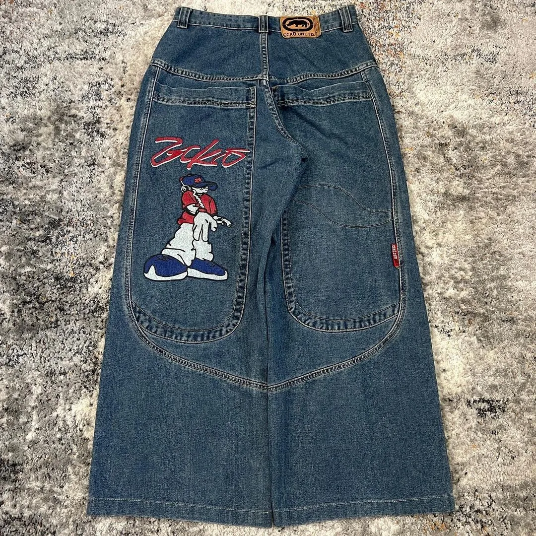 

Retro Y2K American Street Style Loose Wide Leg Denim Jeans Big Pocket Pattern Print Casual Loose Fit Straight Cut Trousers