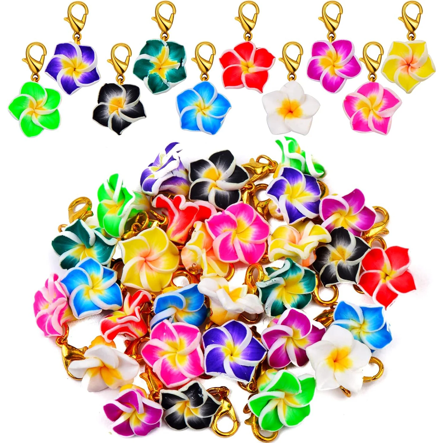 

30pcs 10 Colors Stitch Markers Charms Flower Dangle Pendant Charms with Golden Lobster Clasp for DIY Necklace Craft Supplies
