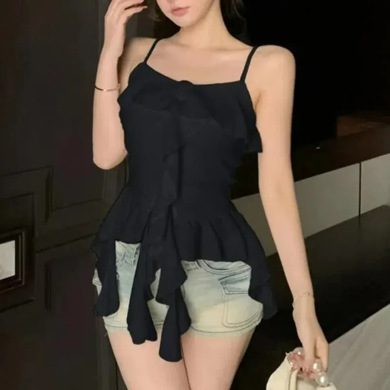 المرأة الصيف ثلاثية الأبعاد زهرة الكشكشة غير المتكافئة القمم مثير السباغيتي حزام سترة دون أكمام الصلبة الحلو شيك سليم الجنية بروتيل