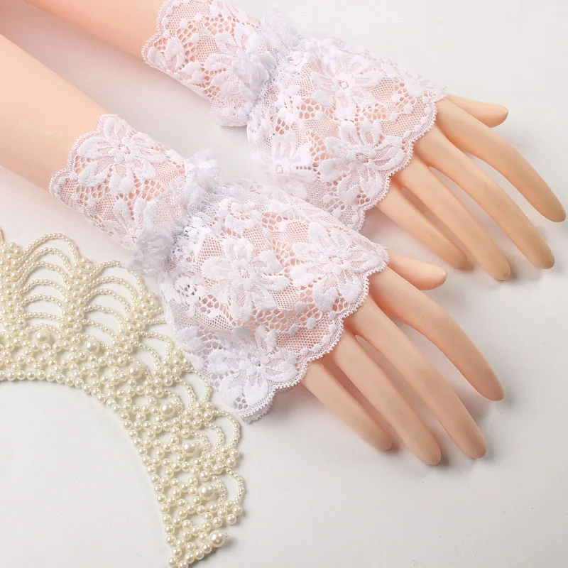 

1pair Vintage Women Lace Pleated Ruffles Decorated Cuffs Hollow Out Embroidery Floral Detachable Sleeves Elastic Fake Cuff