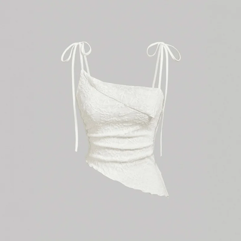

Women Summer White Texture Fabric Sexy Backless Crop Top Irregular Lace-up Suspender Pleated Sweety Female Holiday Top