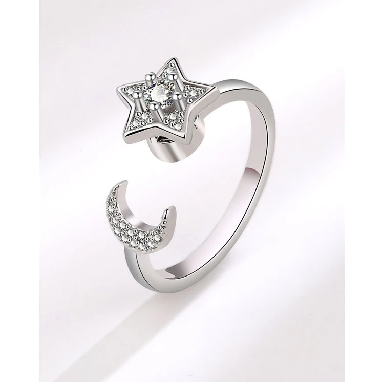 VENTFILLE 925 Sterling Silber Mond Und Sterne Zirkon Drehbare Ring Für Frauen Geschenk Diamant Stress Lindern Ring Schmuck Großhandel – Detail 10