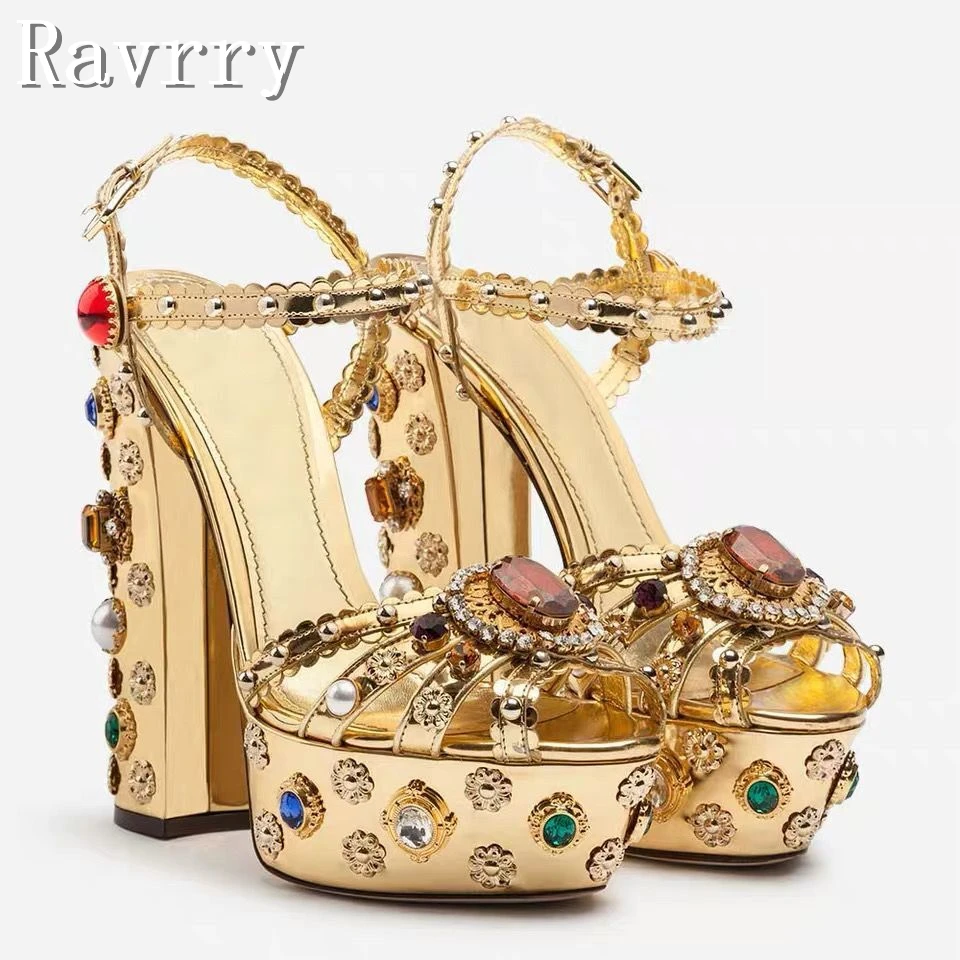 Luxury Colorful Diamonds Platform Sandals Golden Handmade Beaded 14Cm High Heel Open Toe Thick Heel Women Party Shoes