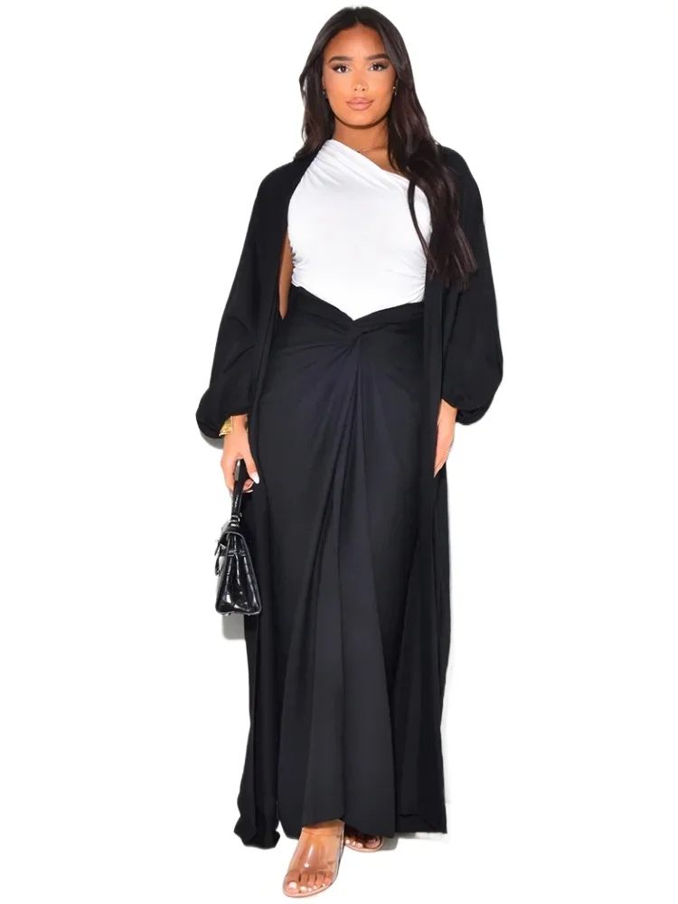 Autumn Winter Fashion Two Piece Set Muslim Women Elegant Solid Long Cardigan Twisted Skirt Two Piece Set Women