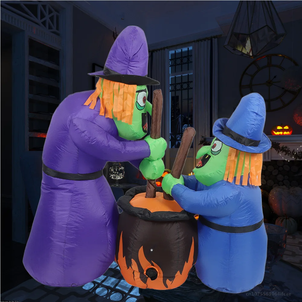 5FT Halloween Two Witches Boiling Medicine Model Built-in LED Lights for Halloween Outdoor Garden Lawn interest Decoration Props