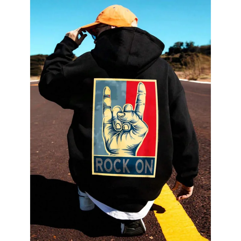 Mens Hoodie Black Rock On Hand Sign Printed High Quality Cotton Casual Streetwear Outdoor Wear