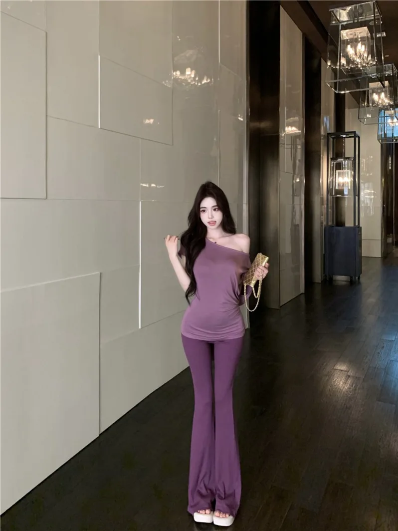 

Spring Pure Desire Women's Long Sleeve Slim Fit T-Shirt Set with Irregular Strap Design And Flared Pants Two-Piece Ensemble