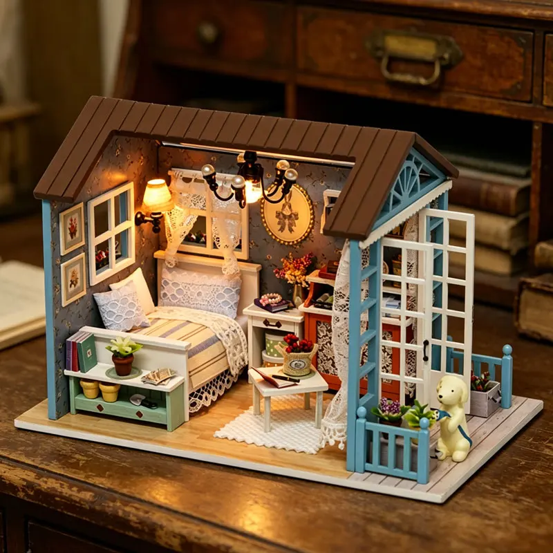 Zuuton Miniature Dollhouse Kit with LED Light DIY Wooden Cottage 3D Puzzle Creative Handmade Toy for Birthday Home Decor Gifts