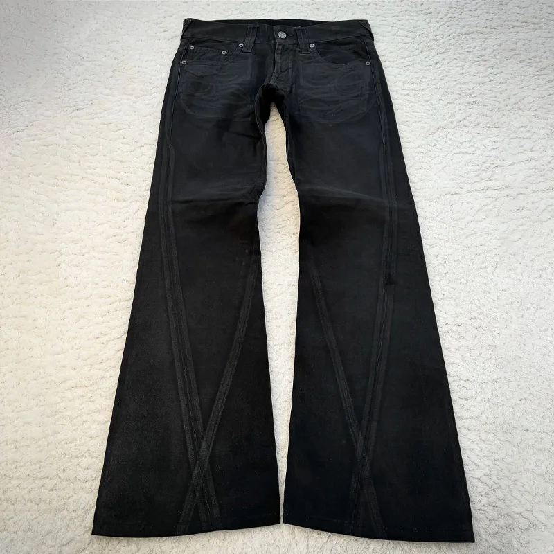Vintage X Ray Waxing Tribal Embroidery Men's Flared Jeans Gothic High Street Unisex Punk Slim Fit Jeans Y2K Baggy Flared Jeans