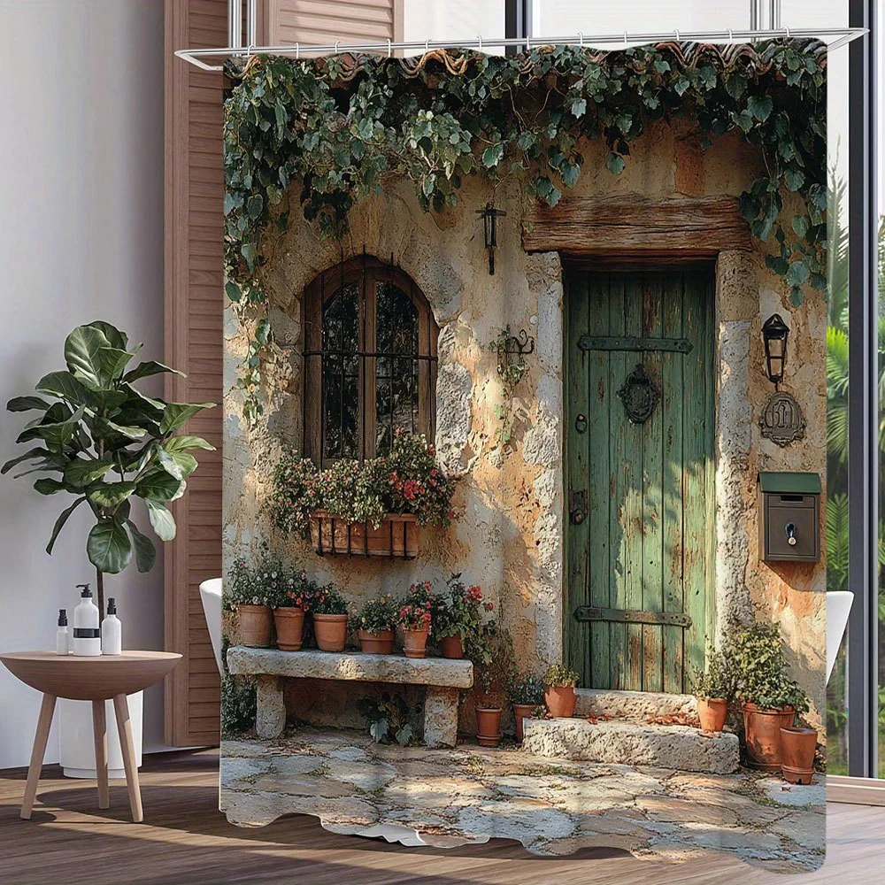 

Дверь из деревенского камня с занавеской для душа из плюща и горшечных растений для декора ванной комнаты, идеально подходит для добавления винтажного очарования