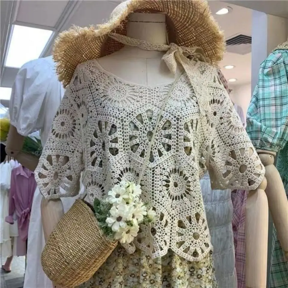 Knitted Shrug Women Bohemian Style Midi Sleeve Lace Top Short Knitting Outwear Hollow Out Sweater Geometric Tops